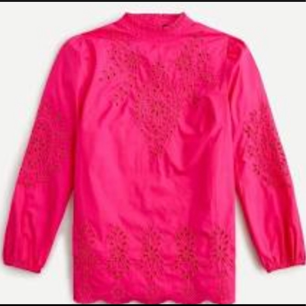 Mockneck cotton poplin top with embroidered eyelet